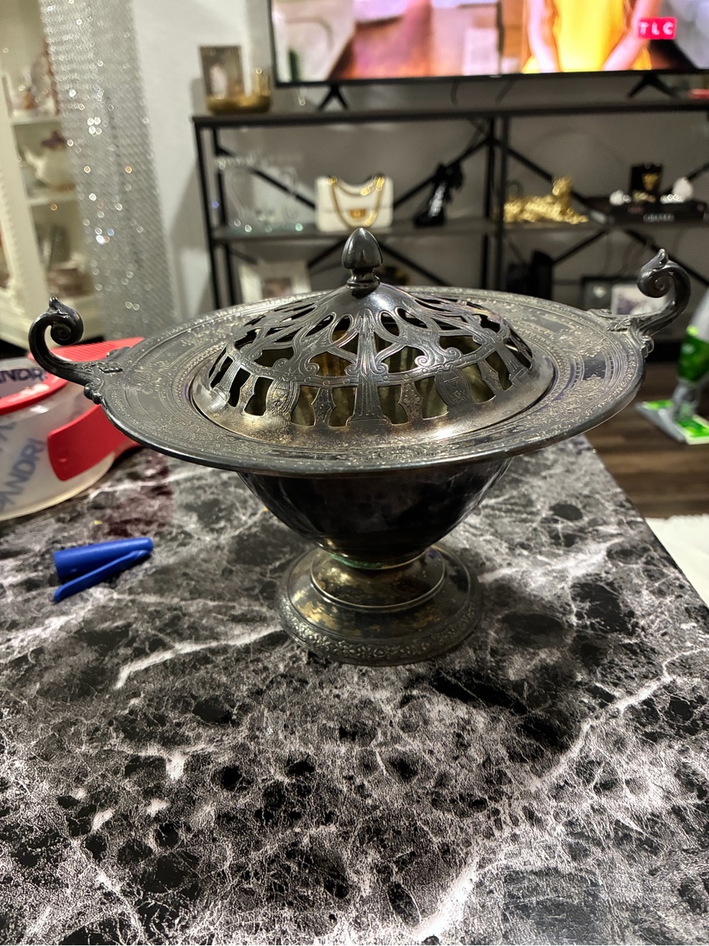 Antique-Style Decorative Covered Bowl - Dark Silver Finish